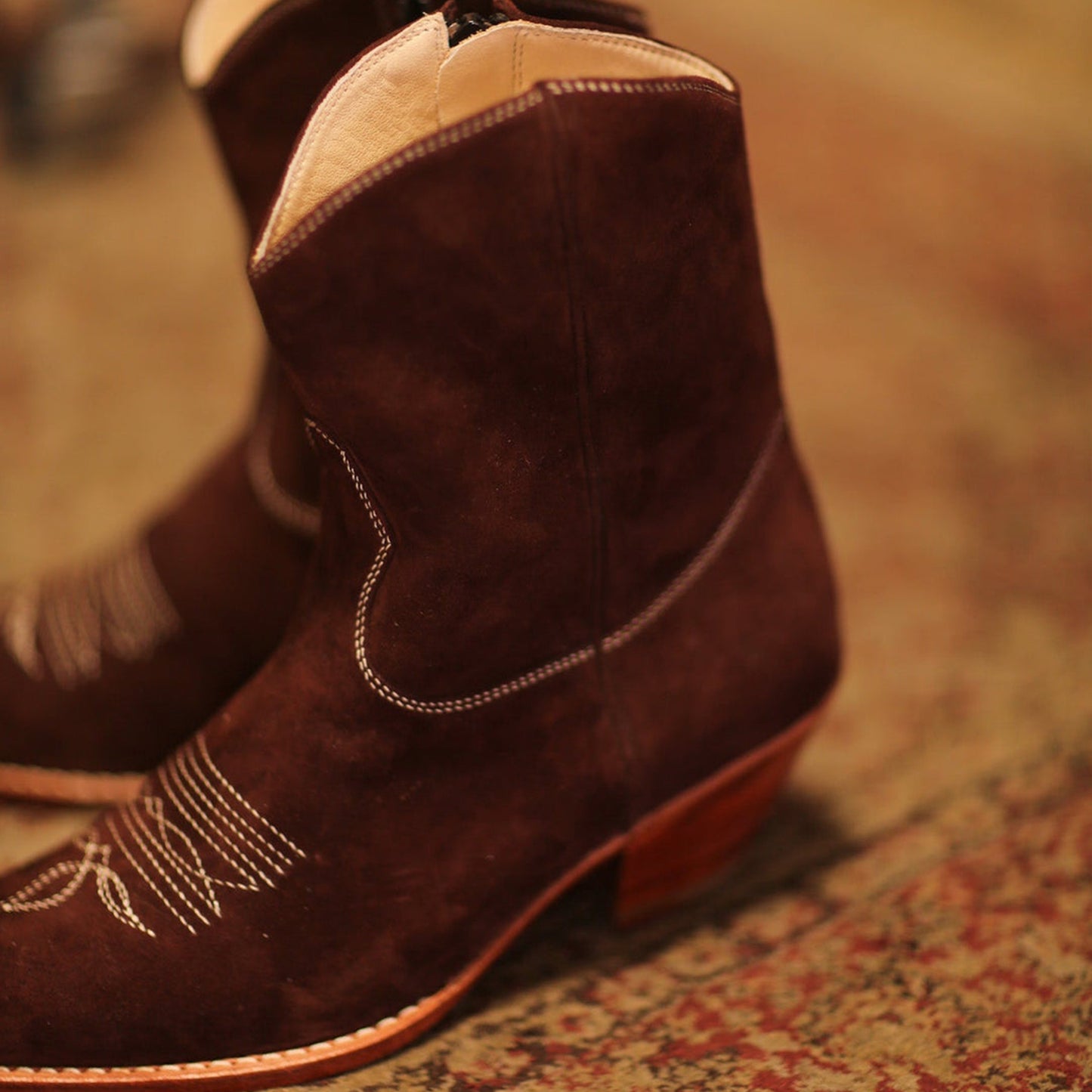 Brown Faux Suede Round-Toe Classic Stitch Full-Zip Ankle Cowgirl Boots