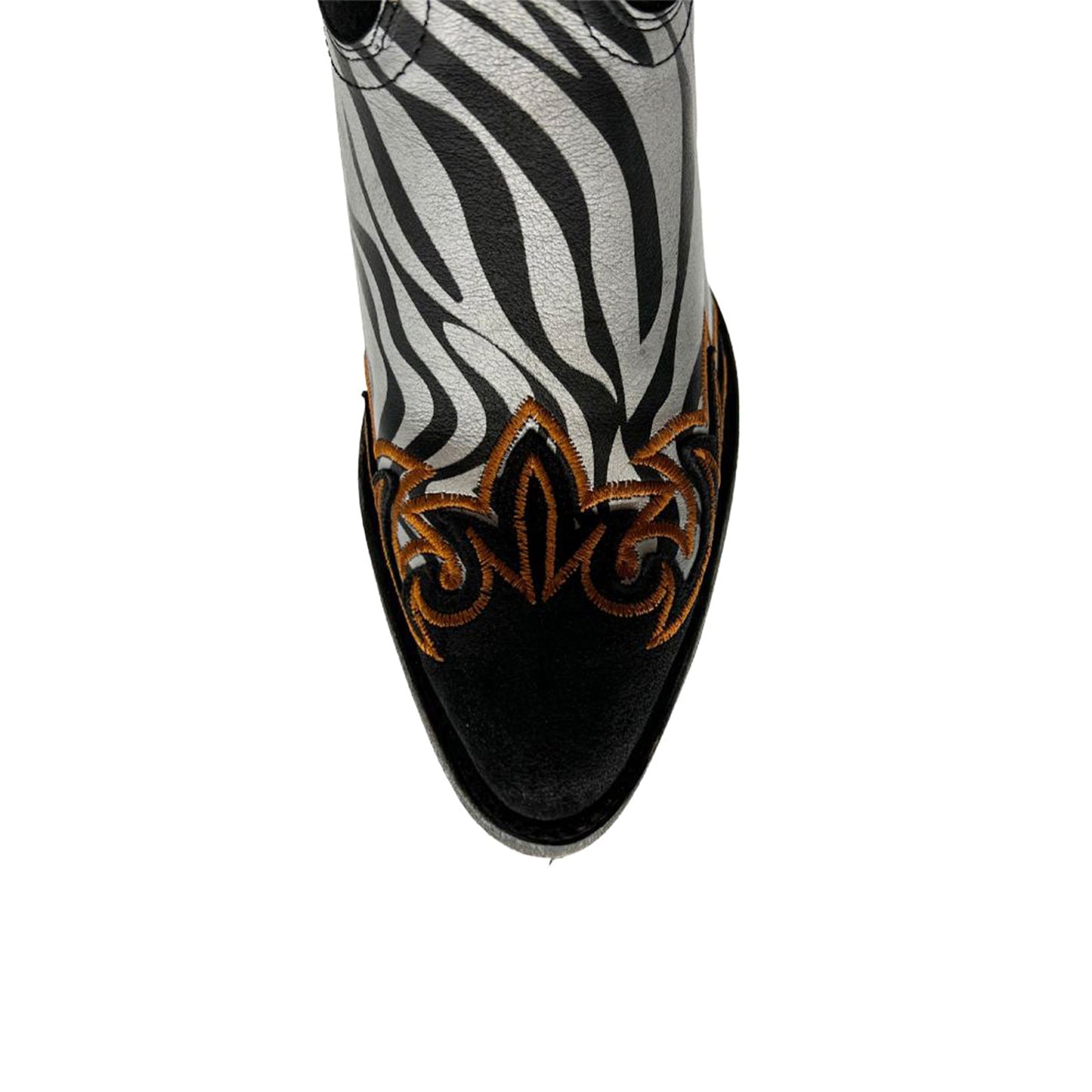 Contrast Black And Zebra Print Almond-Toe Embroidery Full-Zip Cowgirl Ankle Boots