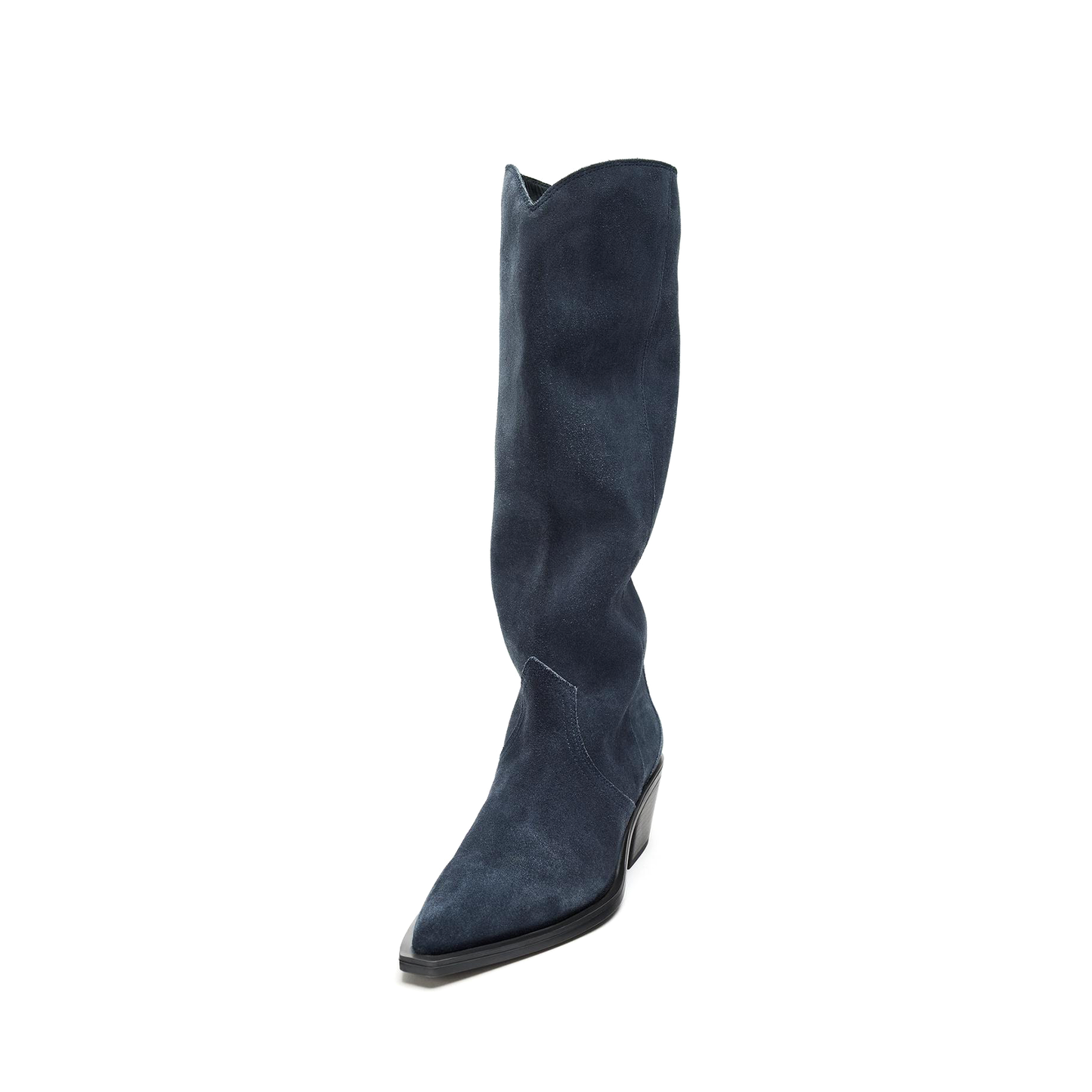 Dark Blue Faux Suede Pointed-Toe Simple And Sleek Knee High Cowgirl Boots