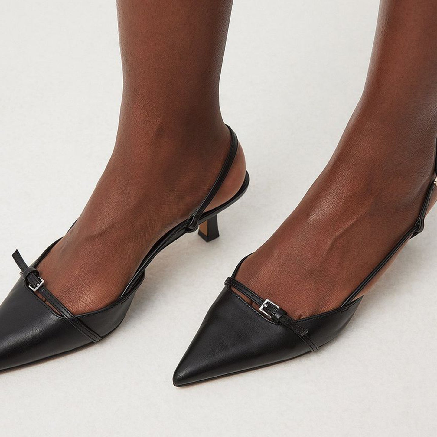 Black Pointed-Toe Strappy Slingback Kitten Heels Pumps