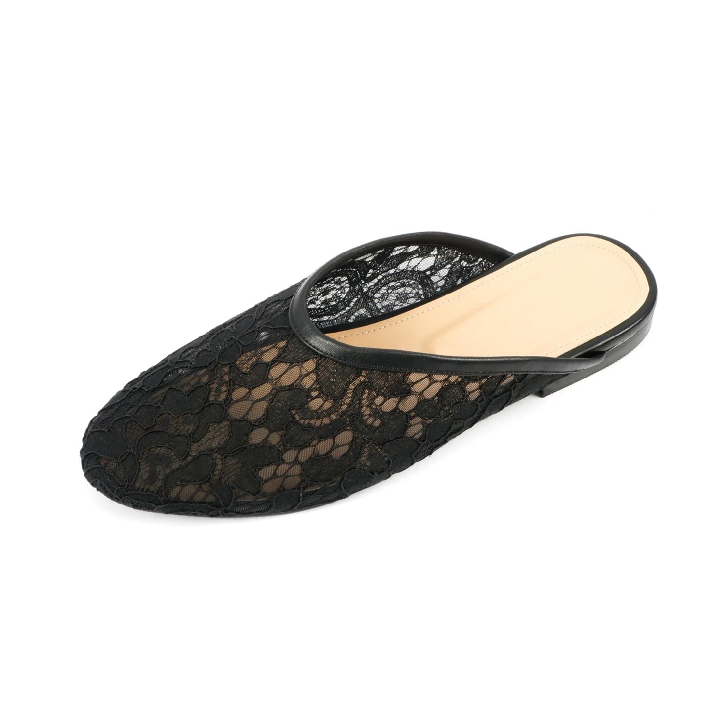Black Lace Mesh Round-Toe Backless Slip-On Sandals Flats
