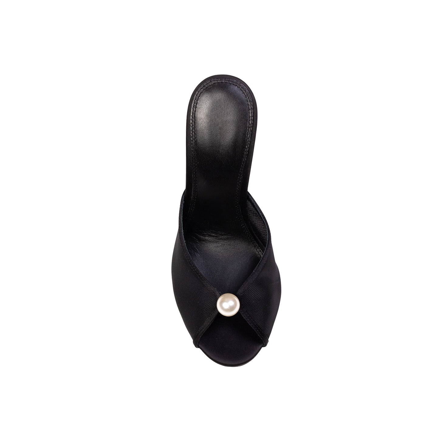 Black Mesh Satin Round-Toe Front Pearl Backless High Heels