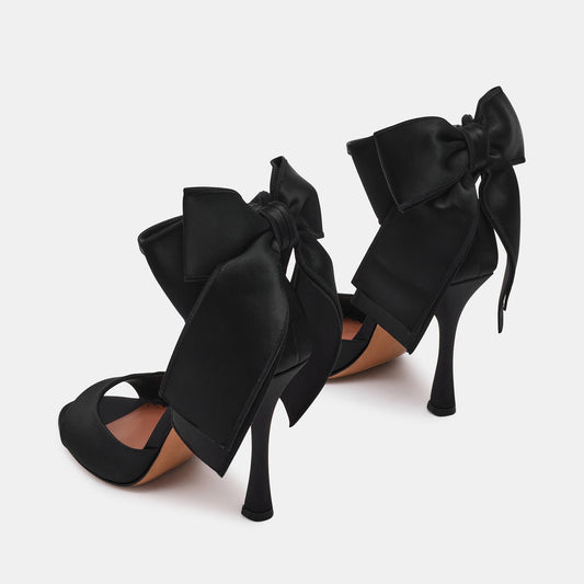 Black Satin Round-Toe Back Big Bow And Ankle Strap Chic High Heels
