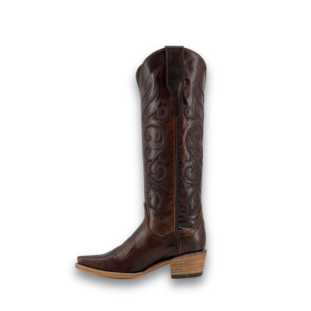 Dark Brown Snip-Toe Sleek Embroidery Wide Calf Knee High Cowgirl Boots