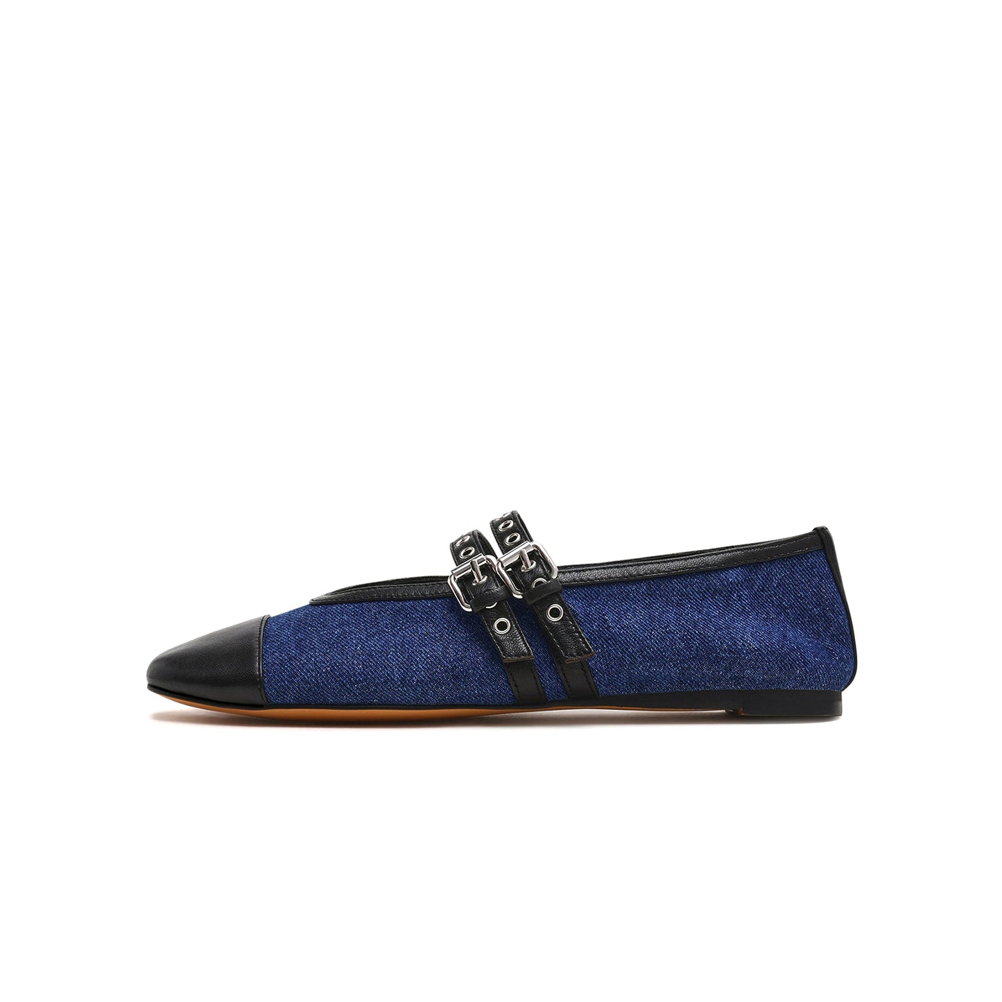 Blue Square-Toe Double Bridge Straps With Eyelets Classic Ballet Flats