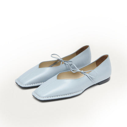 Blue Square-Toe V-Cut Vamps Bridge Self-Tie Bow Ballet Flats