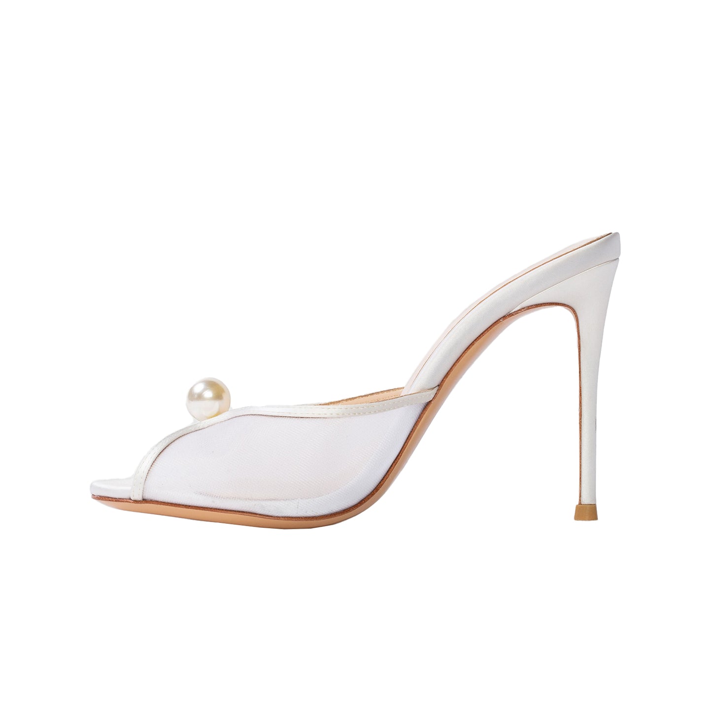White Mesh Satin Round-Toe Front Pearl Backless High Heels