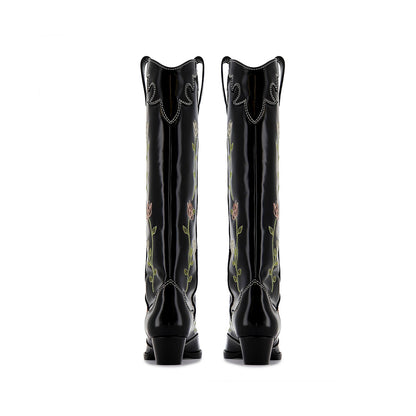 Black Snip-Toe Rose Heart Butterfly Embroidery Wide Calf Knee High Cowgirl Boots