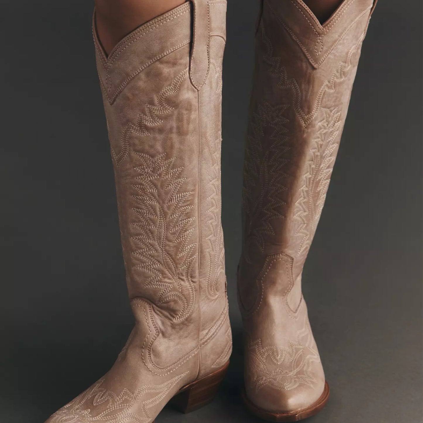 Dusty Pink Snip-Toe Chic Embroidery Wide Calf Knee High Cowgirl Boots