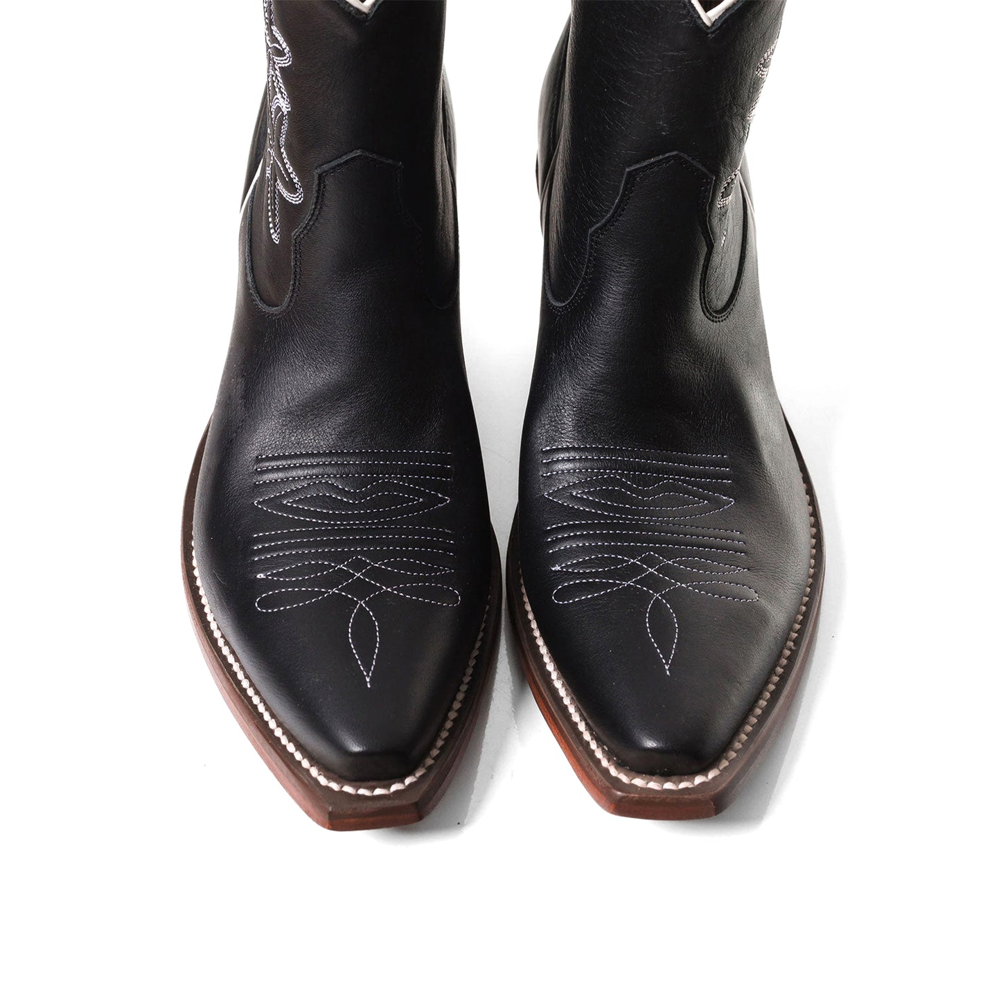 Black Snip-Toe Flowers Embroidery Ankle Cowgirl Boots