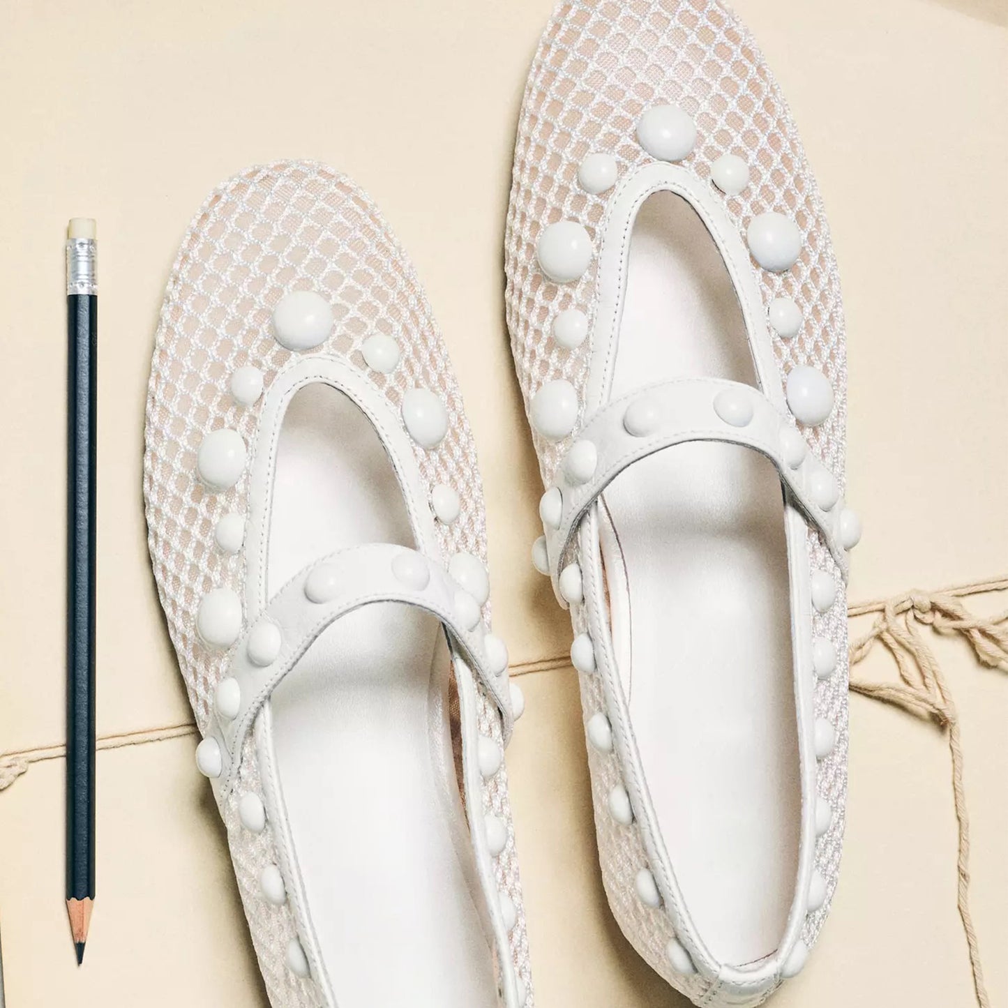 White Mesh Square-Toe Studs And Mary Jane Ballet Flats