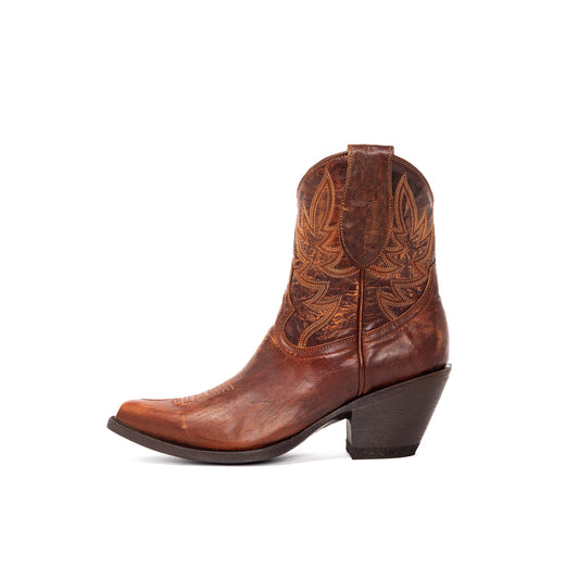 Brown Almond-Toe Embroidery Ankle Cowgirl Boots