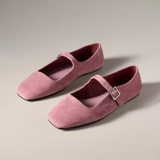 Rose Pink Faux Suede Square-Toe Bridge Strap Mary Janes Flats