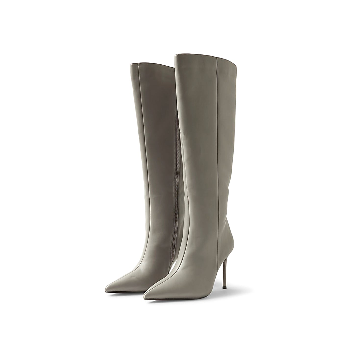 Gray Pointed-Toe Sleek Full-Zip Knee High Stiletto Boots