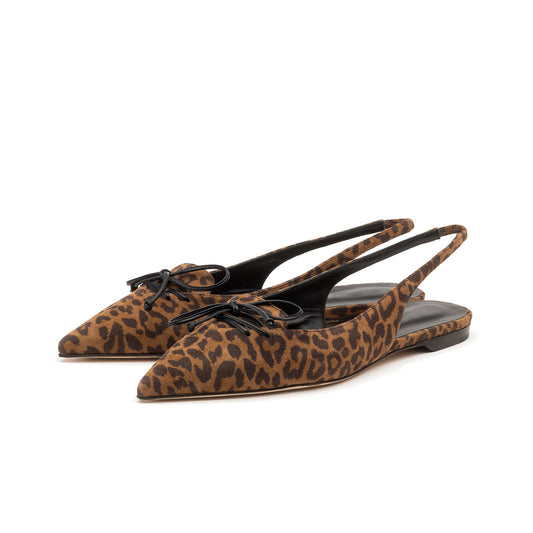 Leopard Faux Suede Pointed-Toe Front Bow Slingback Flats