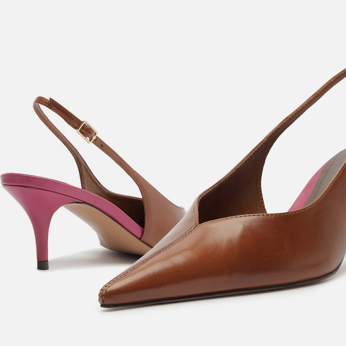 Brown Vegan Leather Pointed-Toe Buckle Back Strap Sleek Kitten Heels