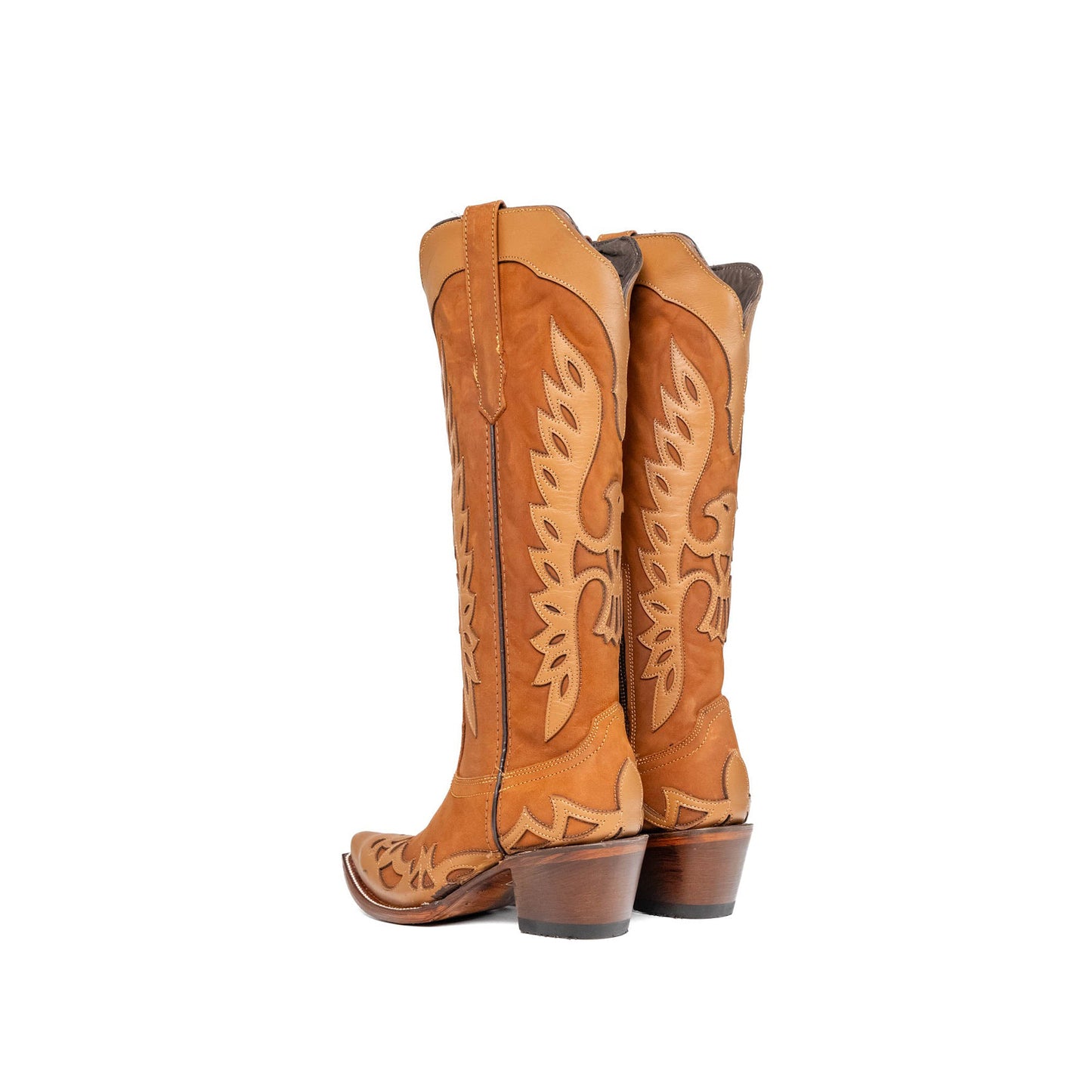 Tabacco Snip-Toe Eagle Applique Half-Zip Knee High Cowgirl Boots