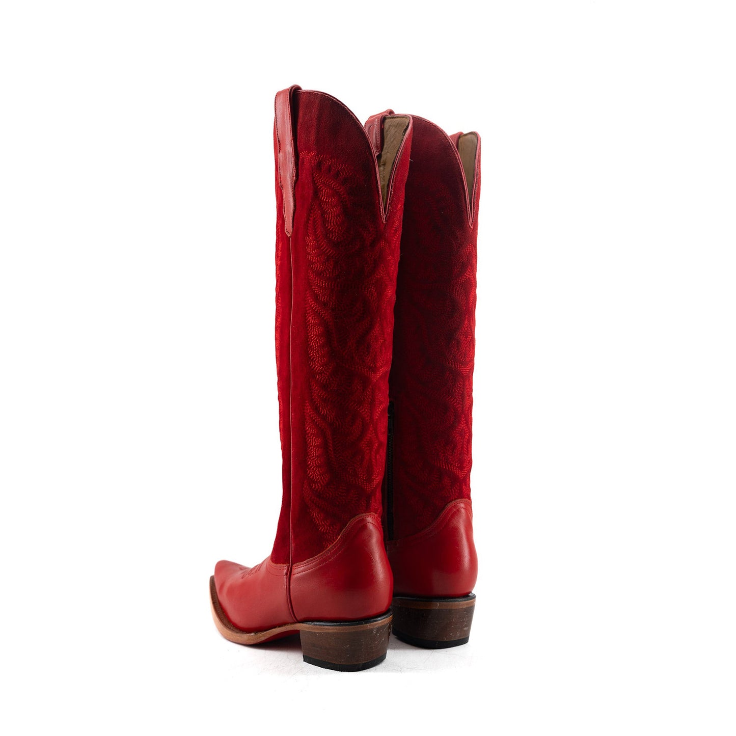 Red Contrast Faux Suede And Vegan Leather Snip-Toe Embroidery Half-Zip Knee High Cowgirl Boots