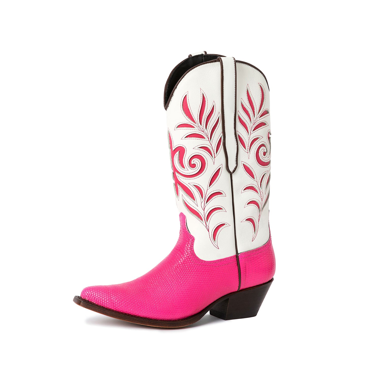 Contrast White And Pink Lizard Print Pointed-Toe Inlays Mid Calf Cowgirl Boots