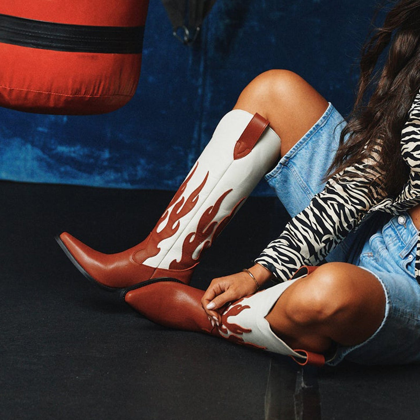 Contrast Red And Ivory Pointed-Toe Flame Appliques Wide Calf Knee High Cowgirl Boots