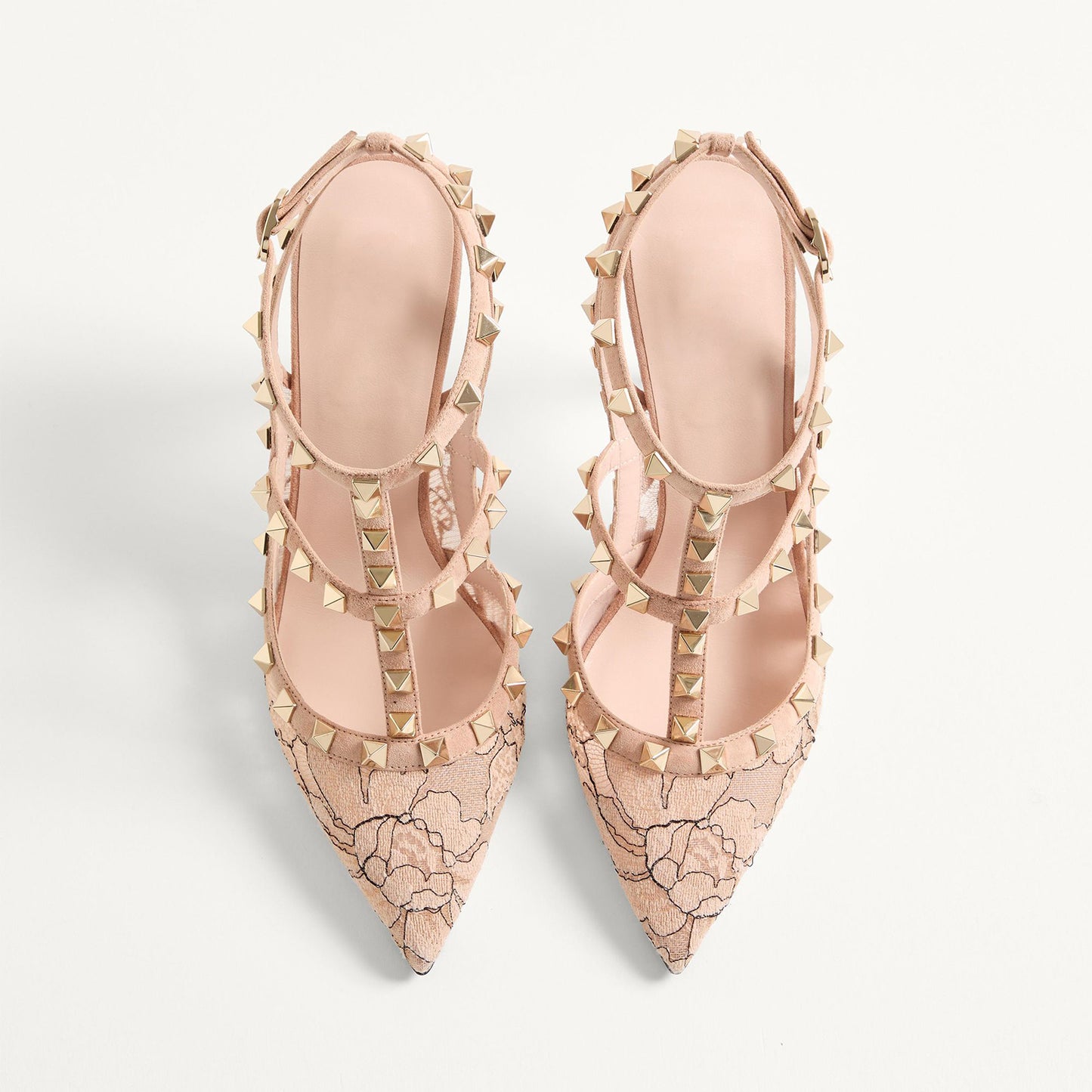 Tan Lace Mesh Pointed-Toe Studded Strappy Slingback High Heels
