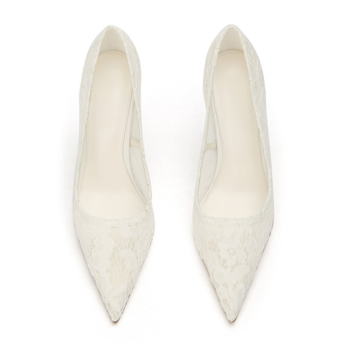 Ivory Lace Mesh Pointed-Toe Slip-On High Heels Pumps