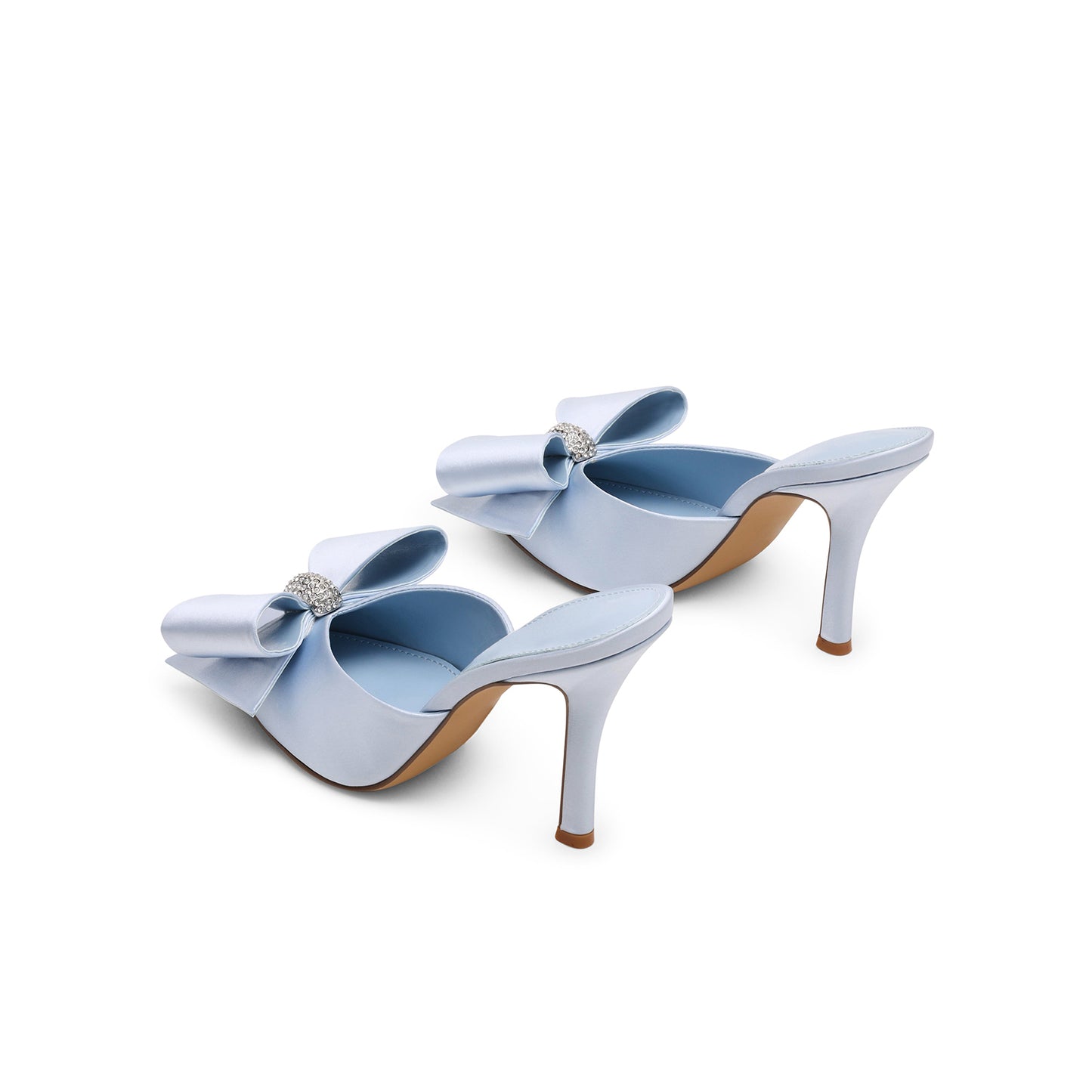 Light Blue Satin Pointed-Toe Front Big Bow Slip-On Backless High Heels