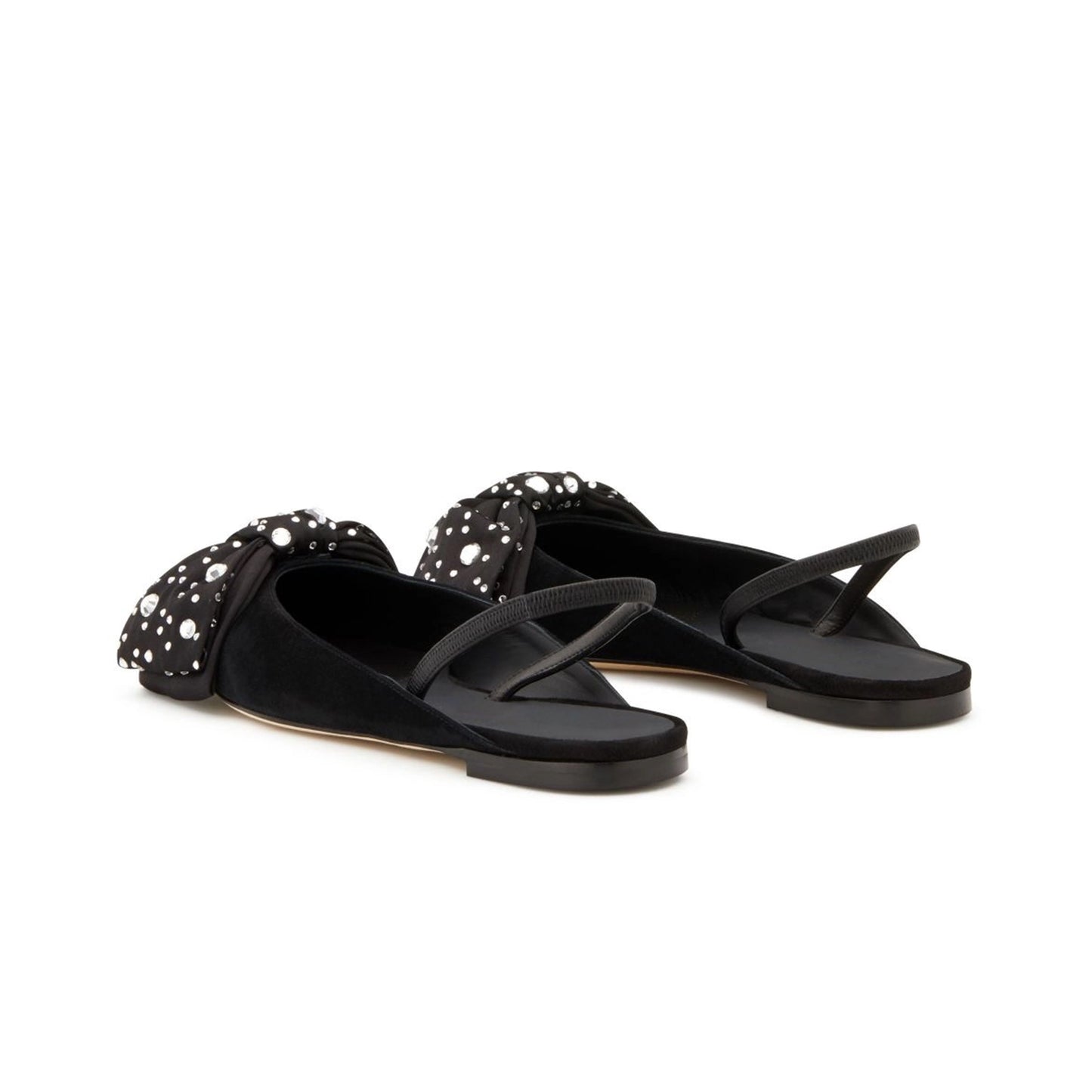 Black Faux Suede Pointed-Toe Front Bow With Rhinestones Slingback Flats