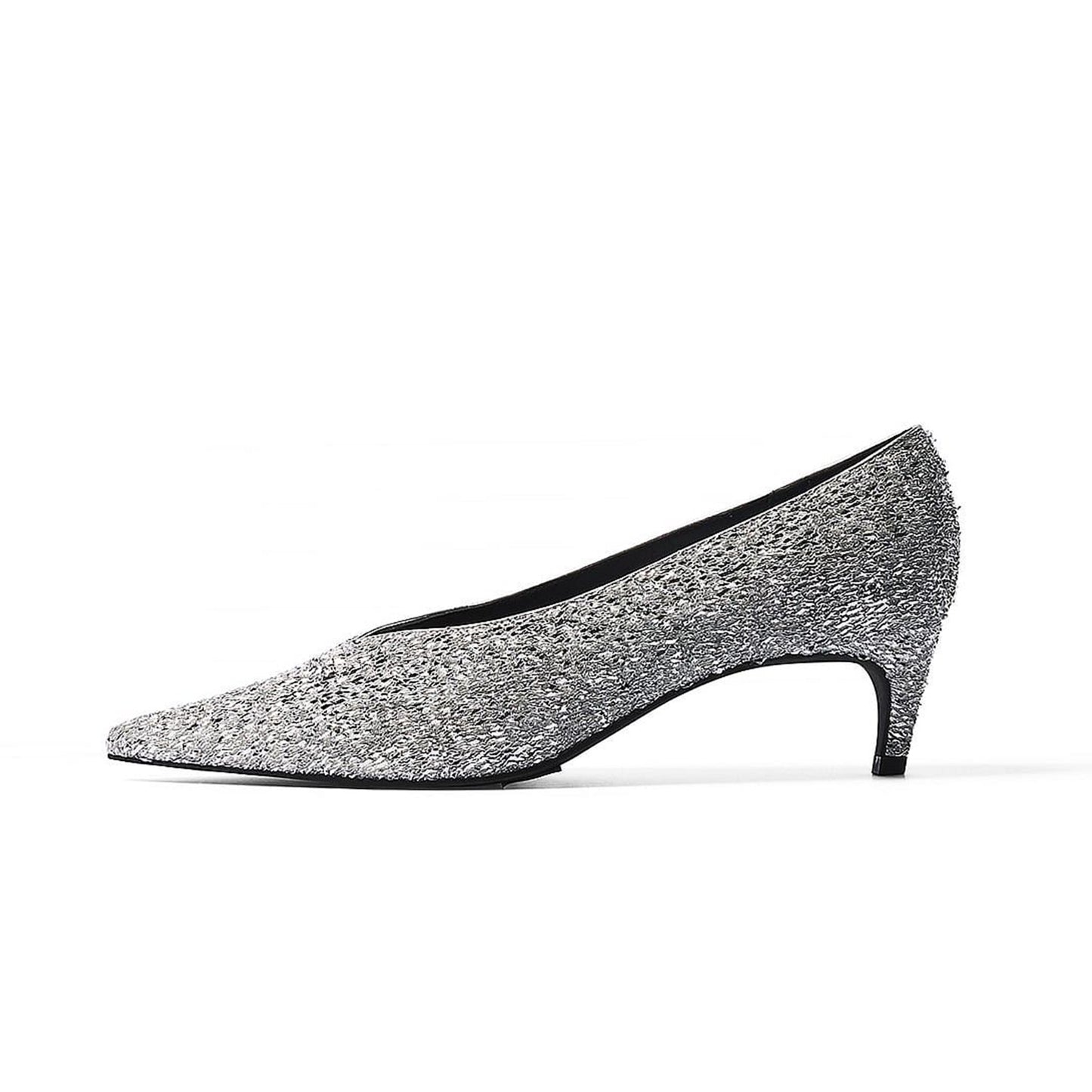 Metallic Silver Pointed-Toe All Sequin Slip-On Kitten Heels