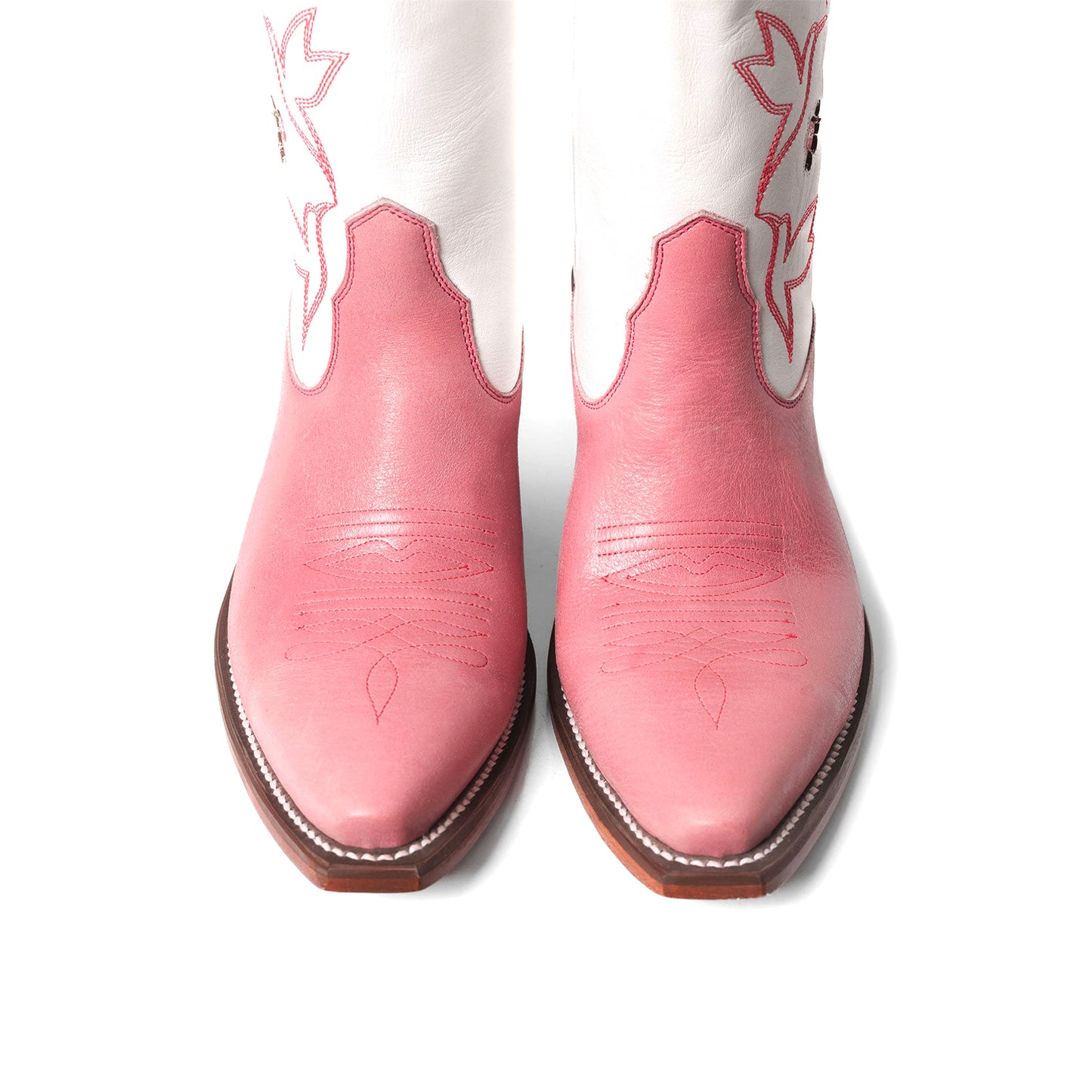 Contrast White And Pink Snip-Toe Birds Embroidery Flowers Inlay Wide Calf Knee High Cowgirl Boots