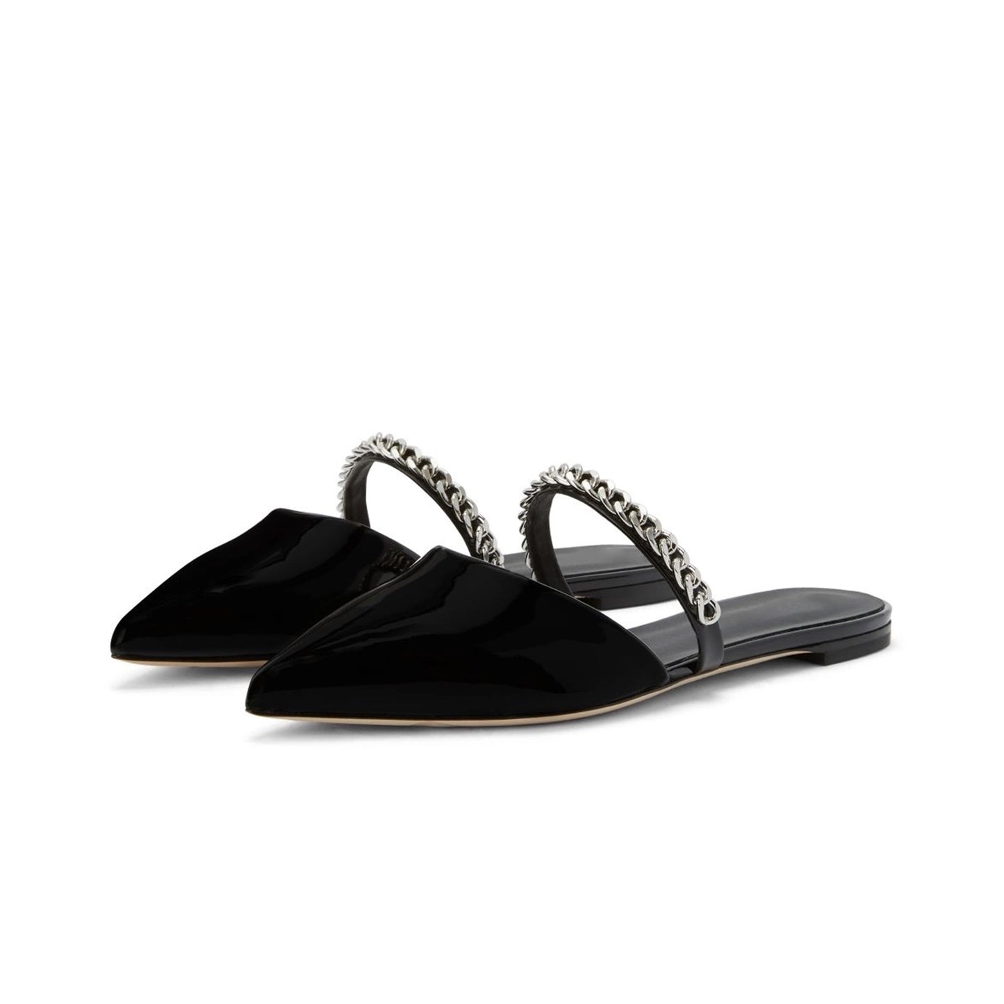 Patent Black Pointed-Toe Bridge Strap With Silver Chain Backless Flats
