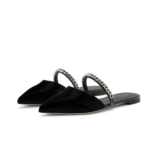 Patent Black Pointed-Toe Bridge Strap With Silver Chain Backless Flats