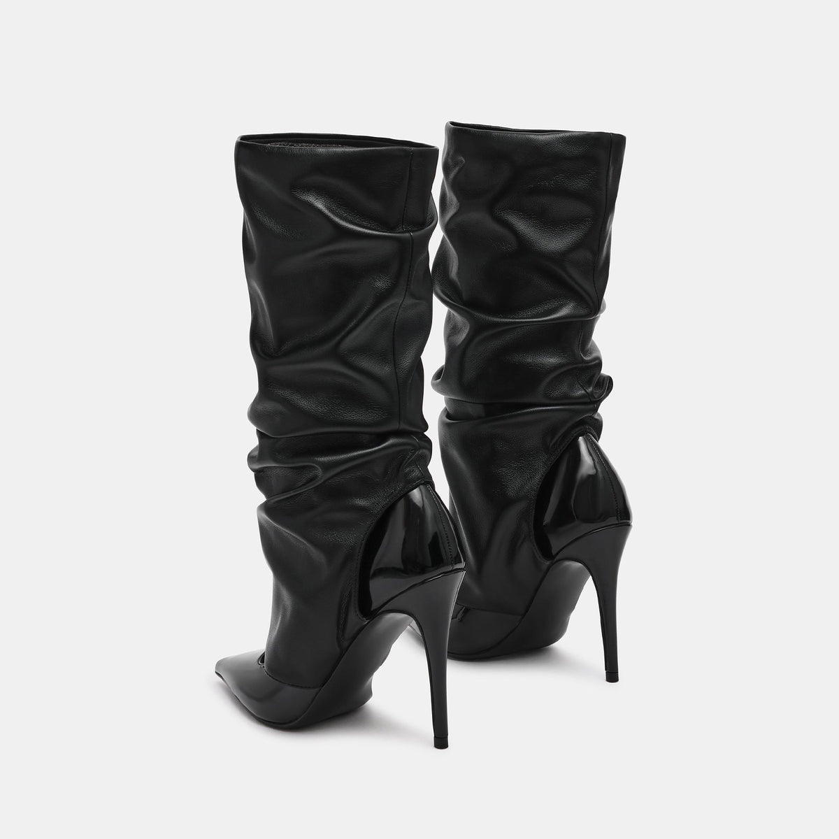 Black Vegan Leather Pointed-Toe Slip-On Mid Calf Stiletto Boots