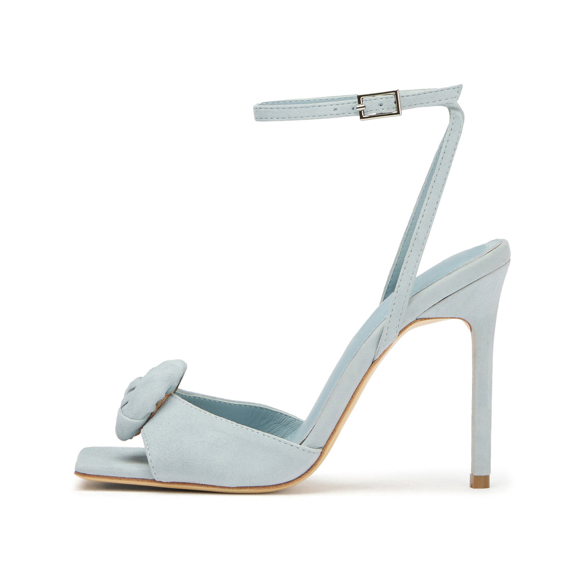 Blue Faux Suede Square-Toe Front Rose Ankle Strap High Heels