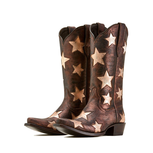 Metallic Bronze Snip-Toe Gold Stars Inlay Mid Calf Cowgirl Boots