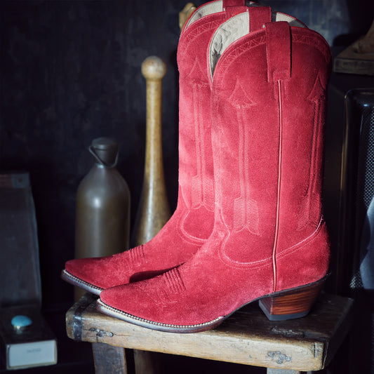 Red Faux Suede Snip-Toe Arrow Embroidery Mid Calf Cowgirl Boots