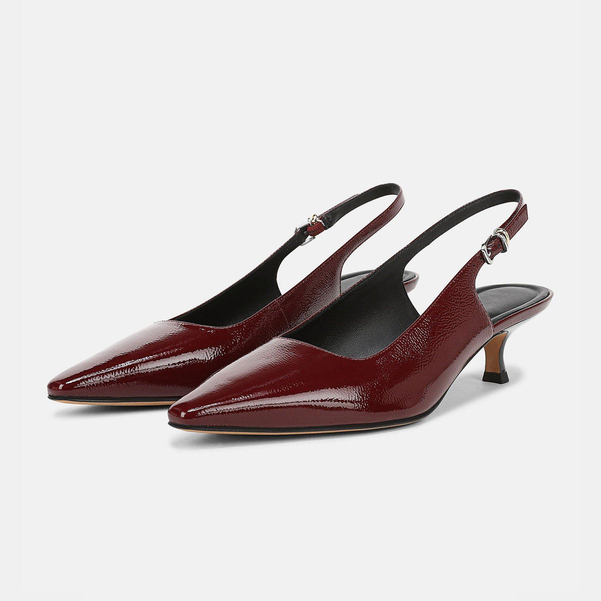 Patent Burgundy Chic Pointed-Toe Buckle Slingback Kitten Heels