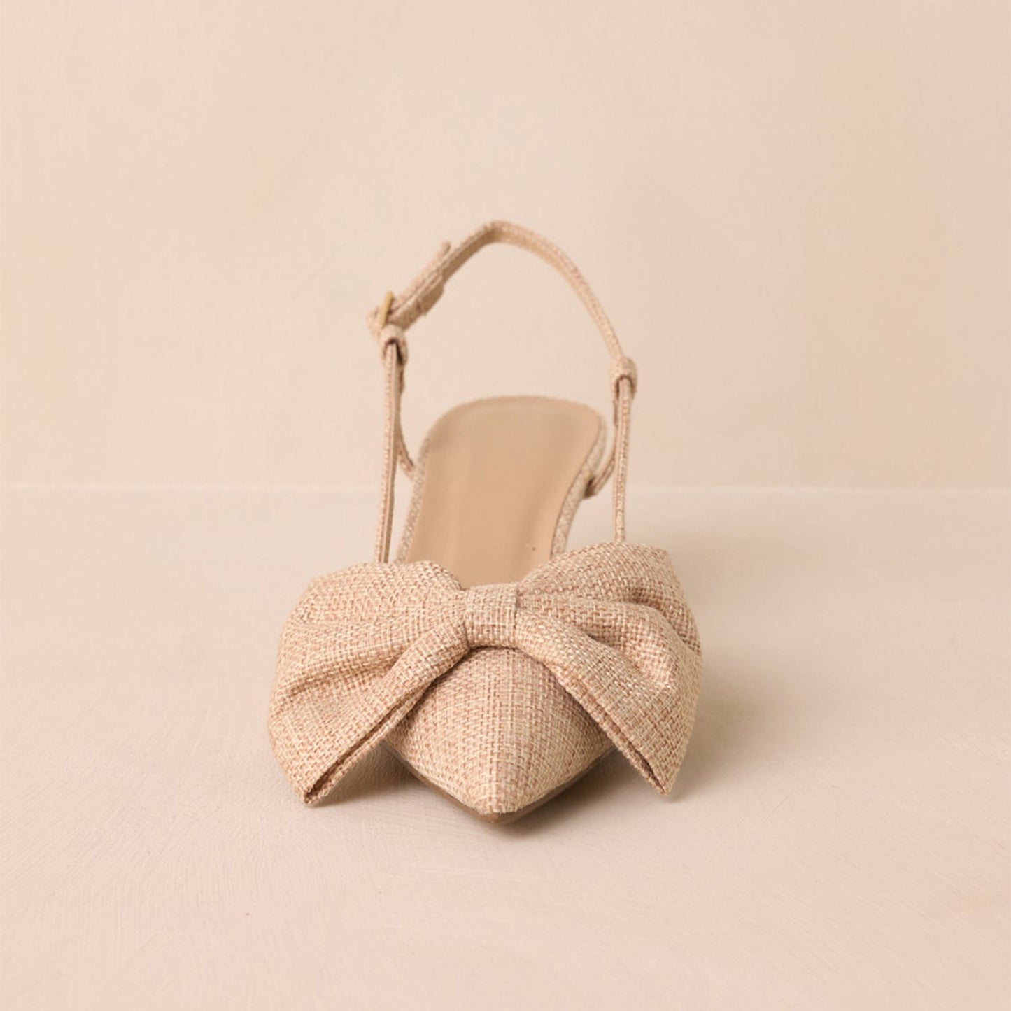 Nude Cotton And Linen Woven Pointed-Toe Front Bow Slingback Kitten Heels