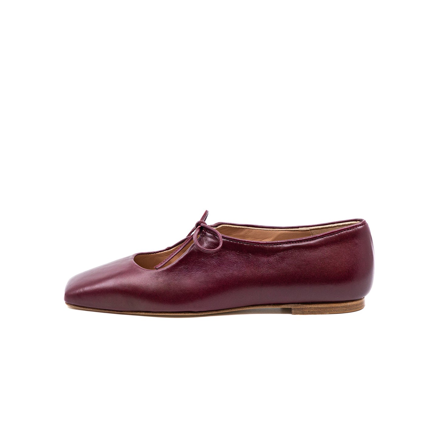 Burgundy Vegan Leather Square-Toe Vamp Strap With Bow Ballet Flats