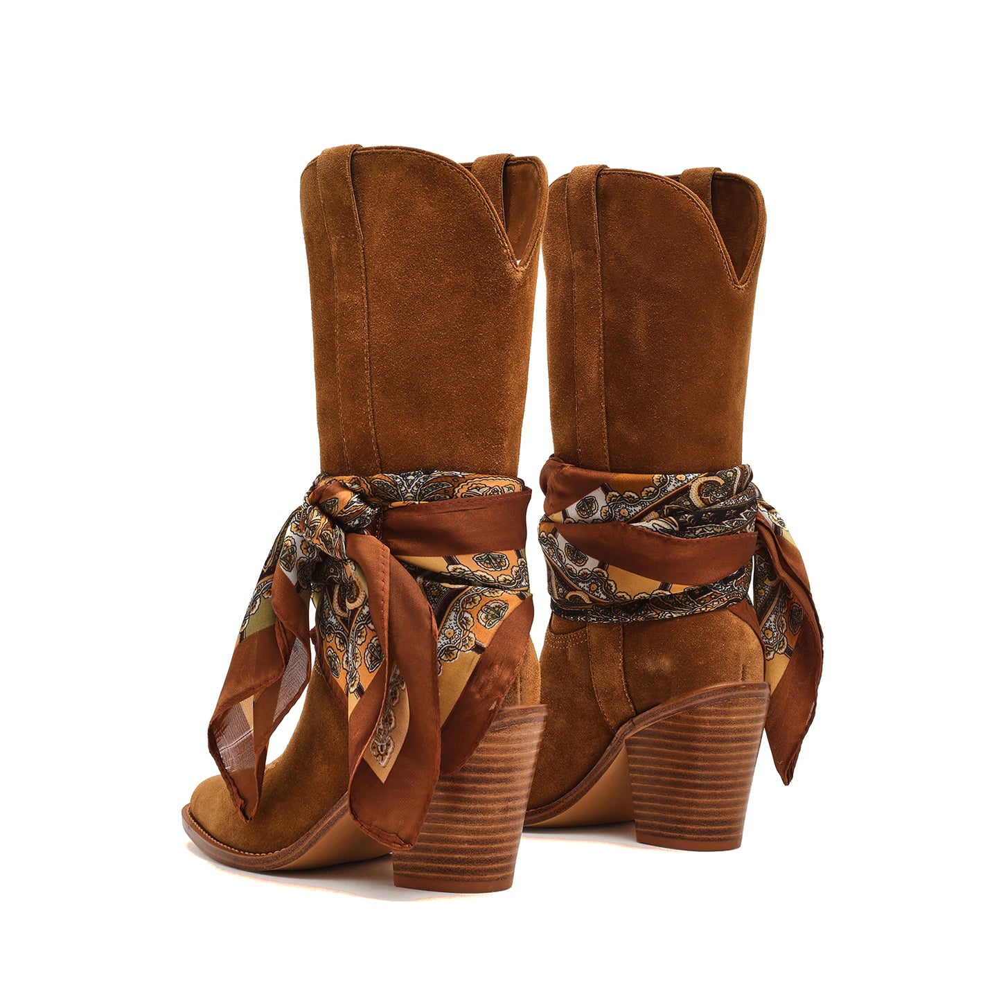 Brown Faux Suede Almond-Toe Classic Simple Mid Calf Cowgirl Boots