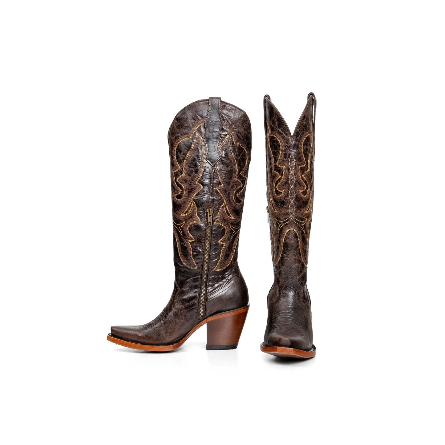 Distressed Dark Brown Snip-Toe Embroidery Half-Zip Knee High Cowgirl Boots