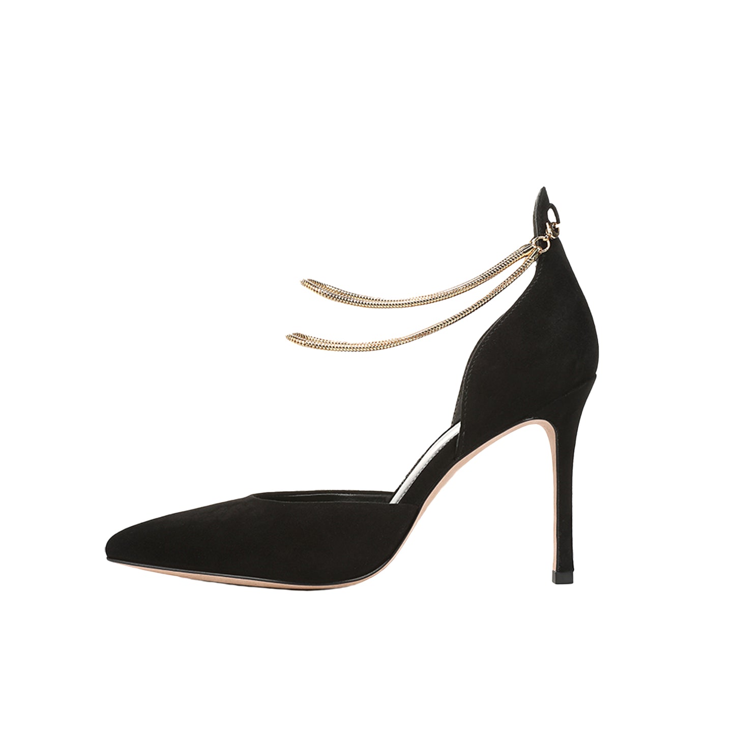 Black Faux Suede Pointed-Toe Double Gold Ankle Chains High Heels