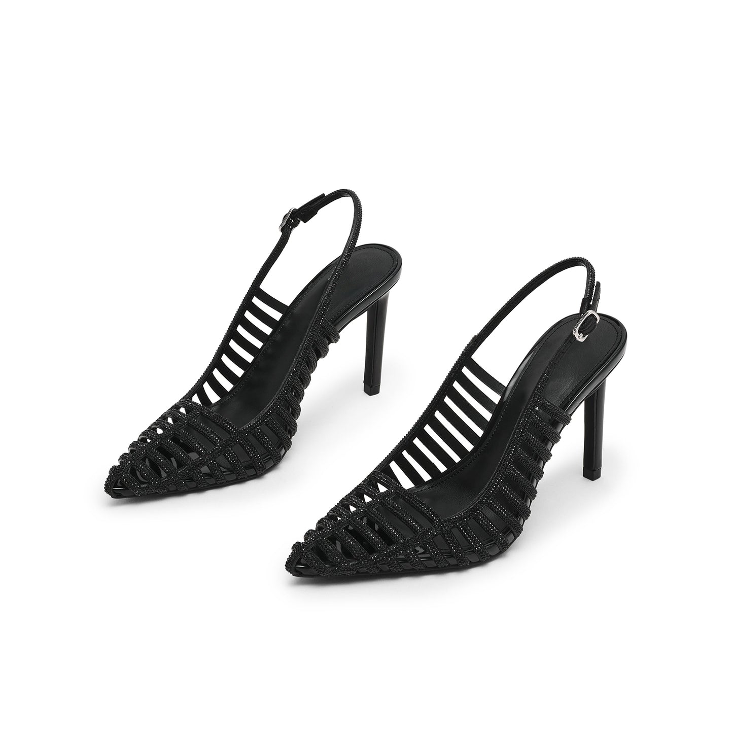 Black Faux Suede Pointed-Toe Rhinestones Strappy And Slingback Kitten Heels