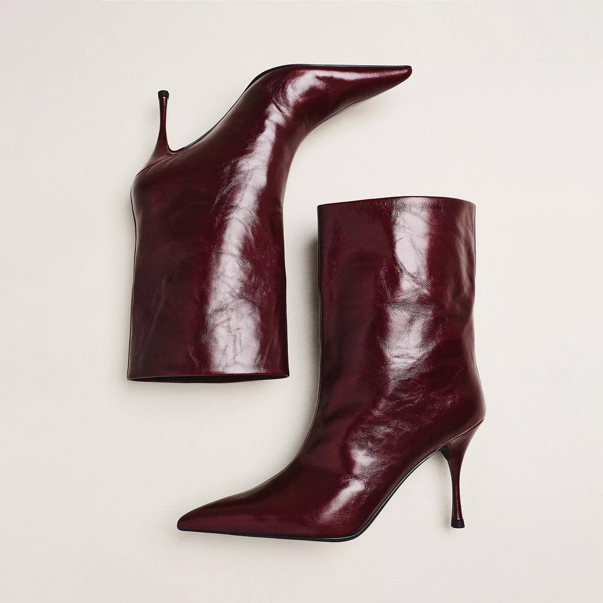 Wine Red Pointed-Toe Slip-On Sleek Ankle Stiletto Boots