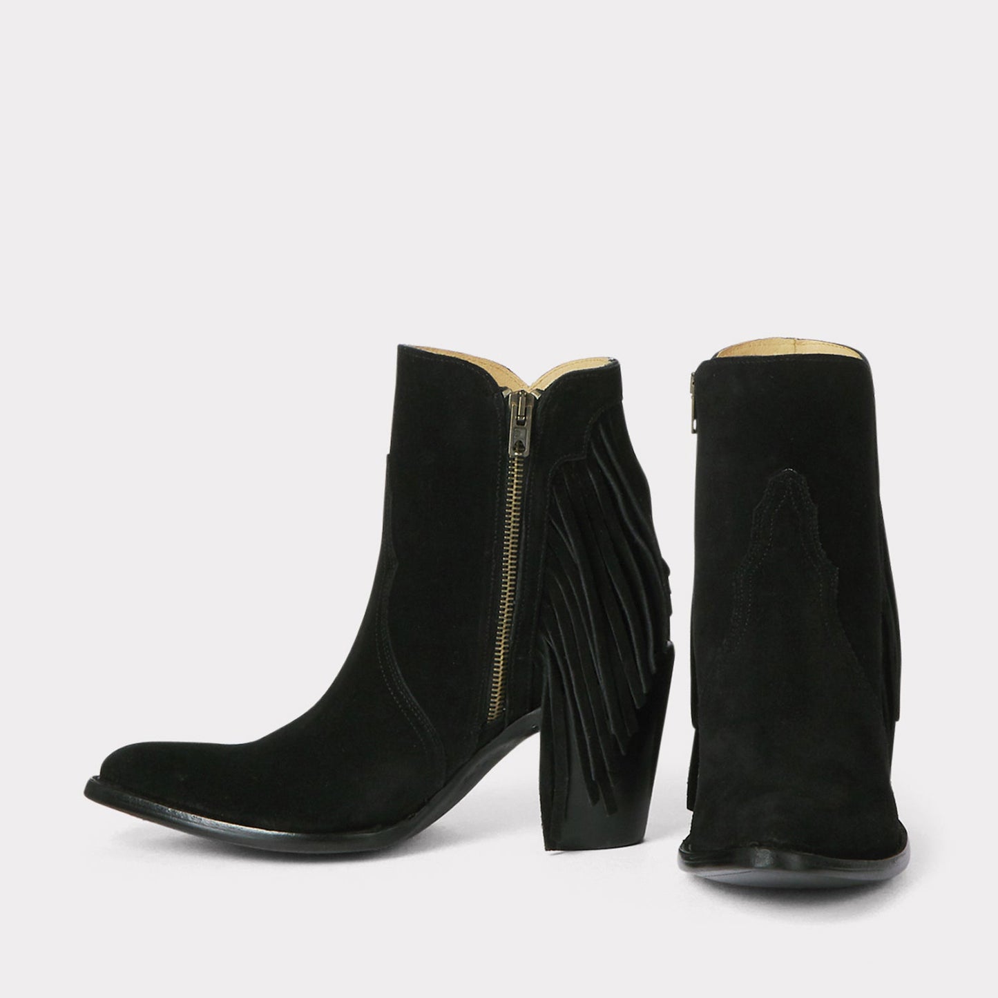 Black Faux Suede Round-Toe Side Fringe Half-Zip Simple Ankle Cowgirl Boots