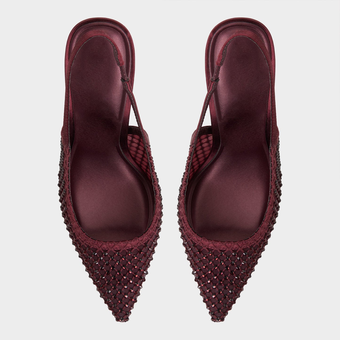 Burgundy Rhinestones Mesh And Satin Pointed-Toe Slingback High Heels