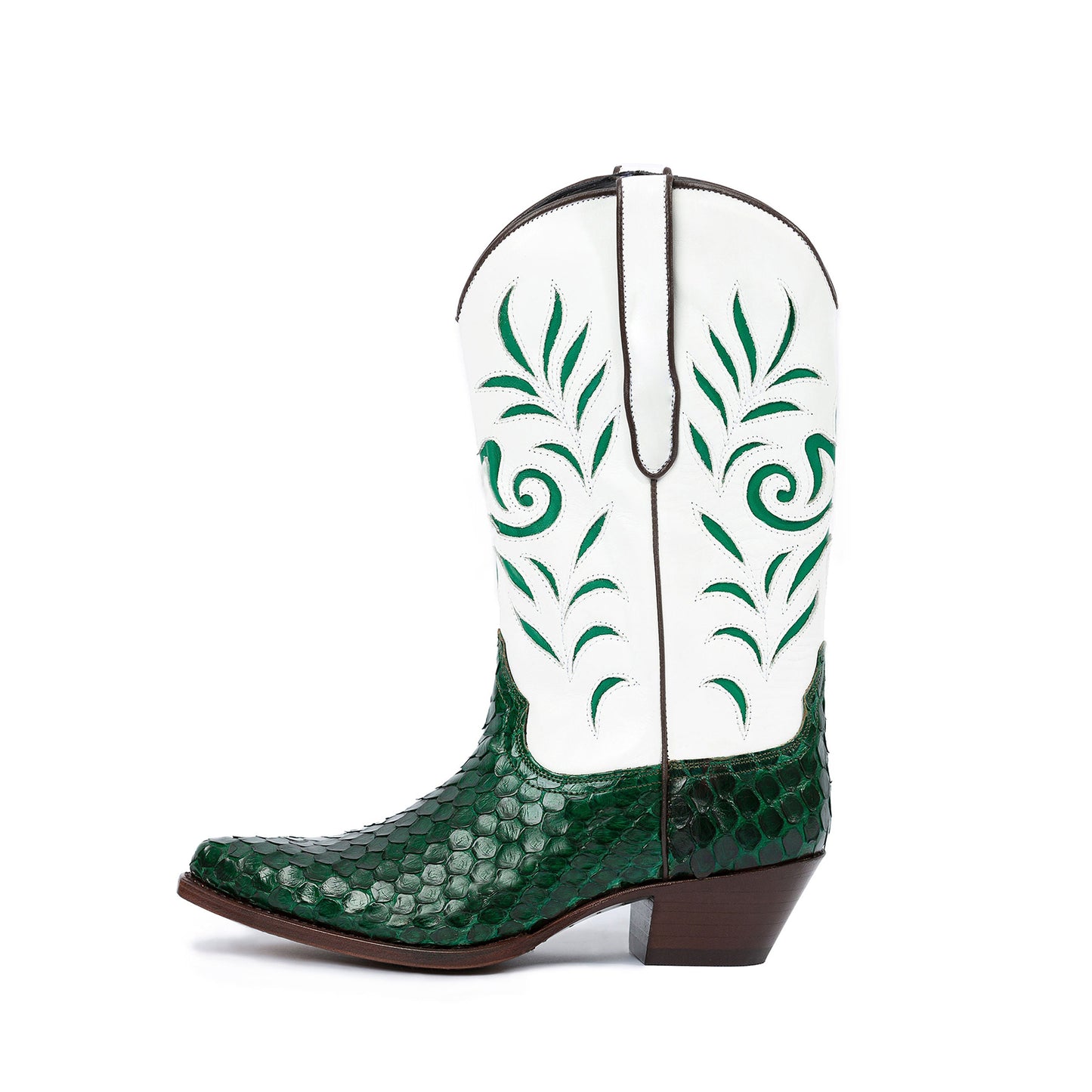 Contrast White And Green Snakeskin Print Pointed-Toe Inlays Mid Calf Cowgirl Boots