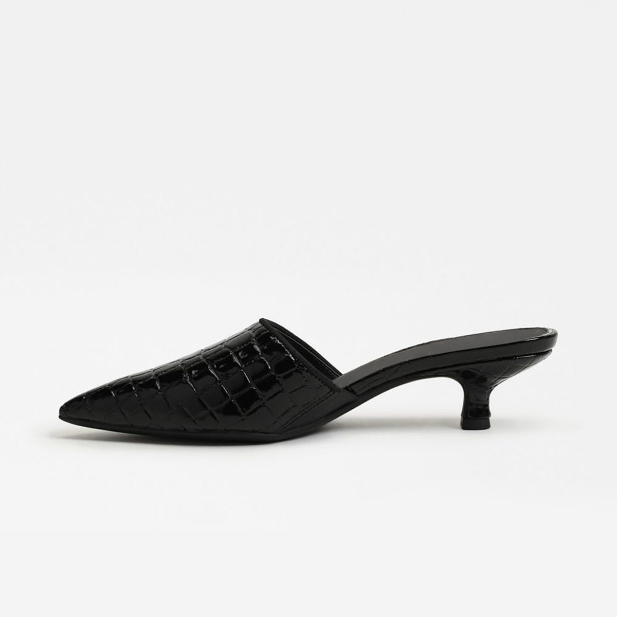 Black Stone Pattern Vegan Leather Pointed-Toe Backless Chic Kitten Heels