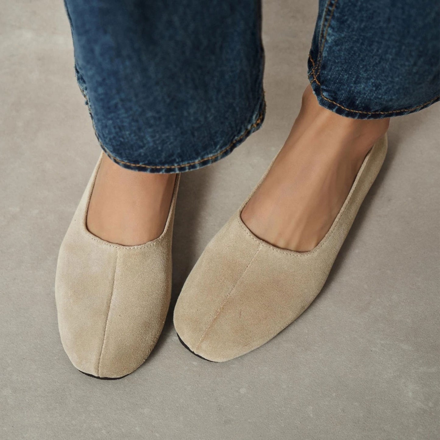 Beige Cow Suede Round-Toe Slip-On Classic Ballet Flats