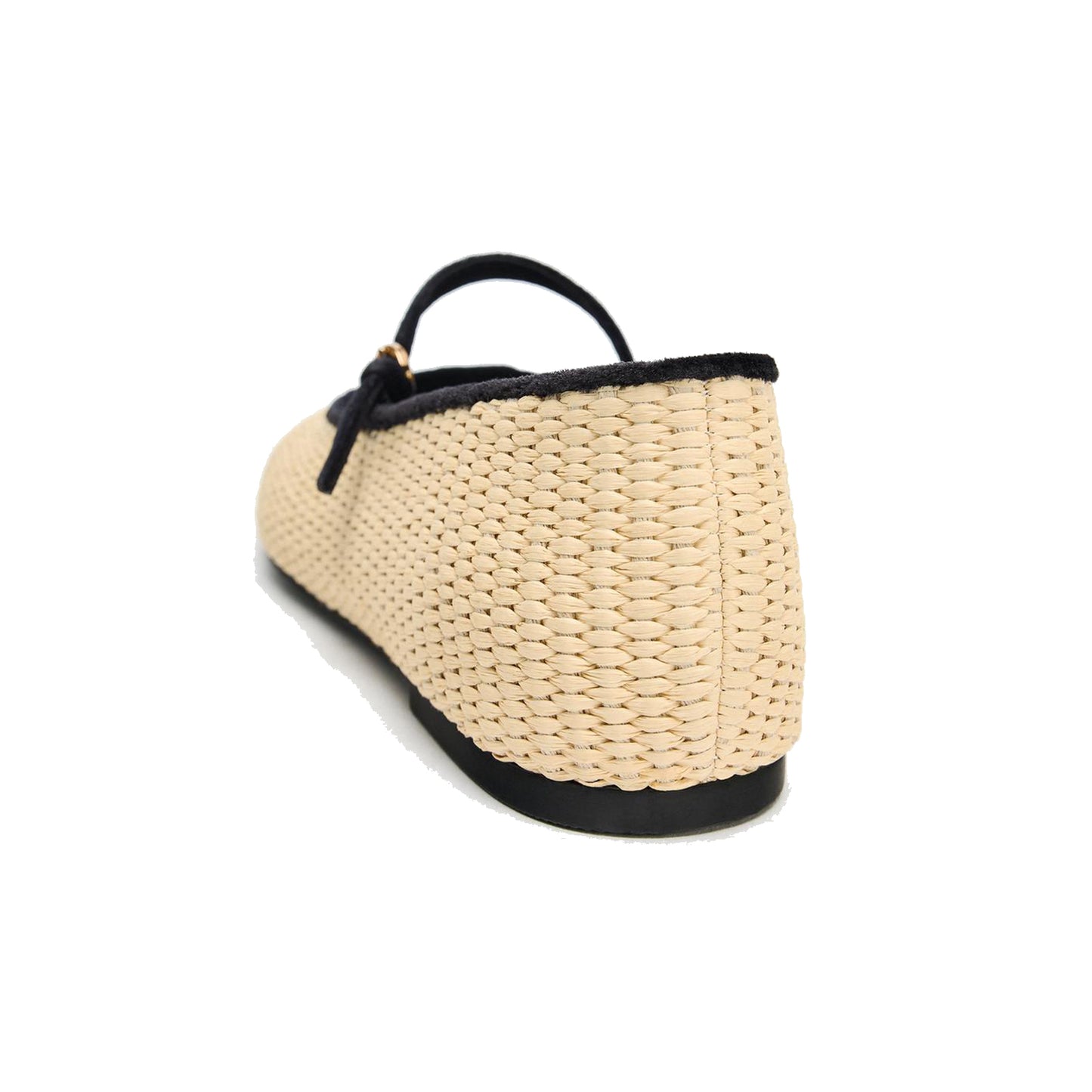 Beige Woven And Velvet Round-Toe Mary Jane Ballet Flats